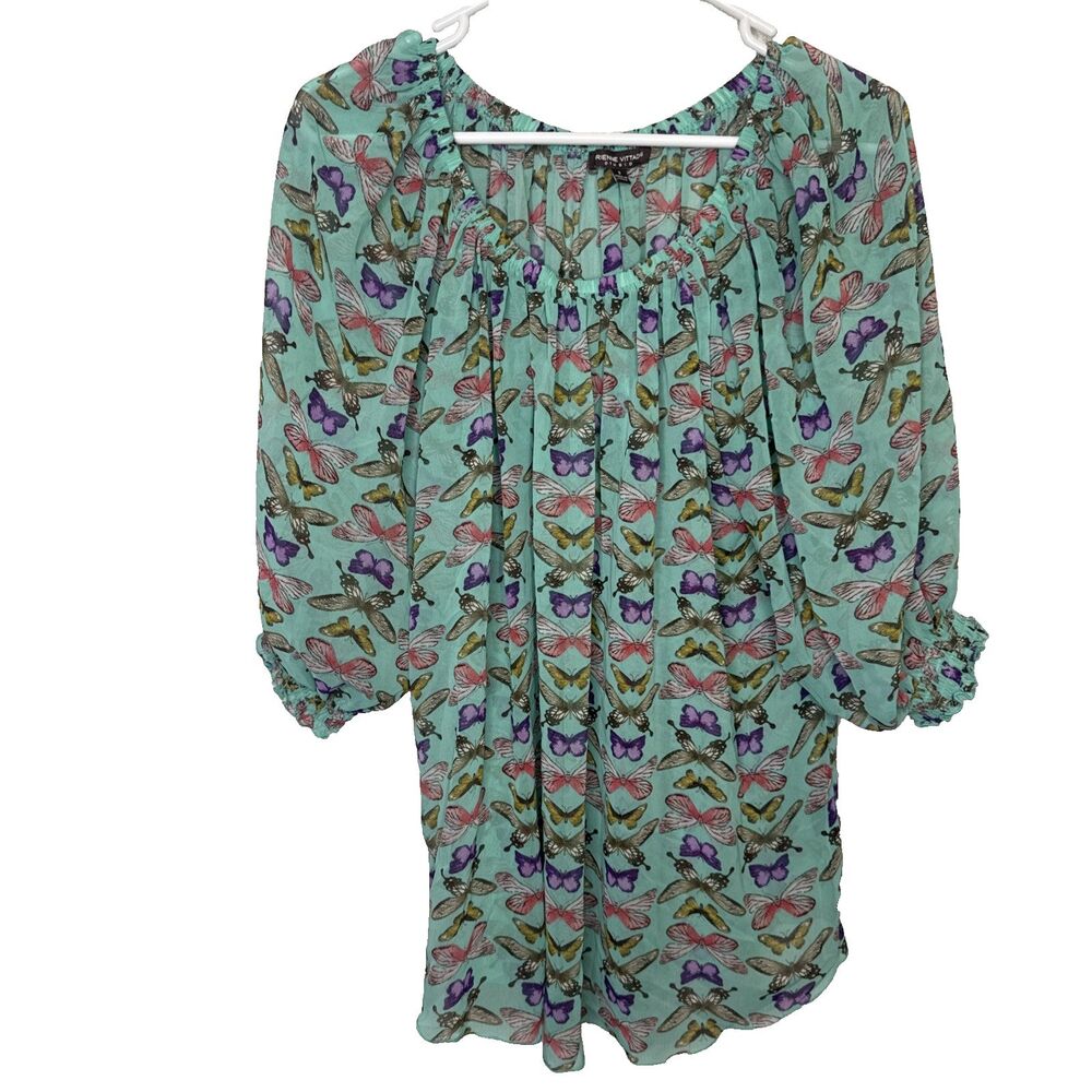 Adrienne Vittadini Womens Size Small Green Butterfly Print 3/4 Sleeve Blouse Top